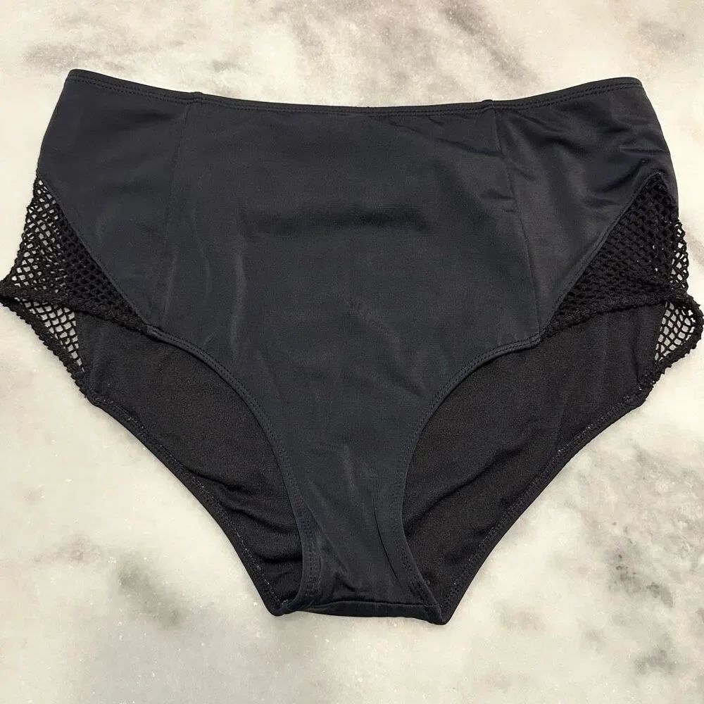 LA Hearts High Waisted Full Coverage Mesh Inset Swim Bikini Bottom Black Large